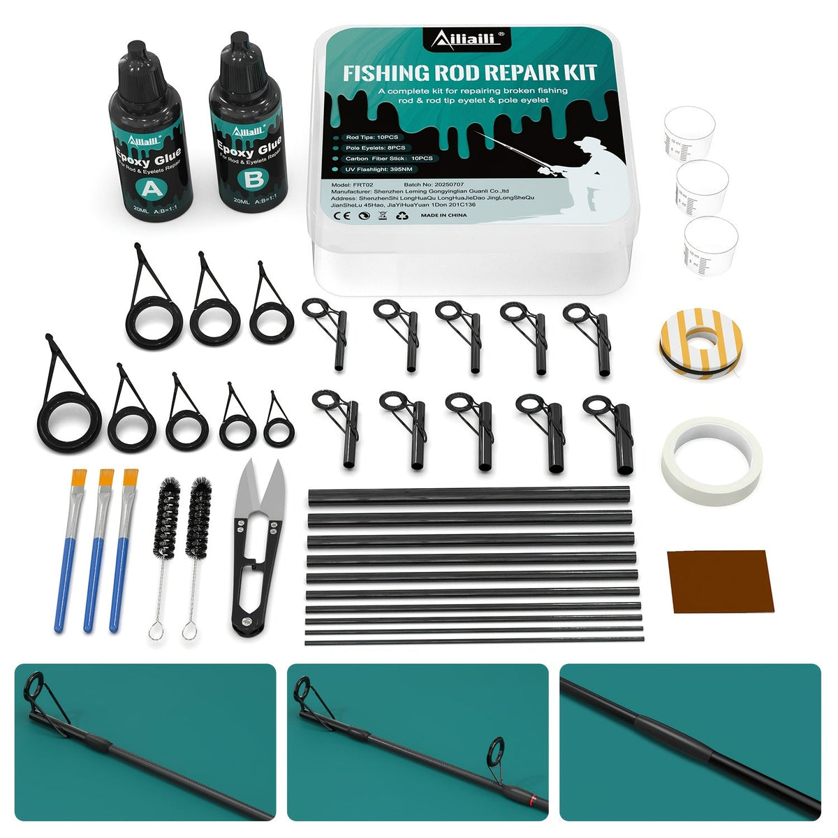 Fishing Rod Repair Kit Complete Set – Tip Top Rings, Rod Guides, AB Epoxy Glue, Winding Thread & Masking Tape, Full Replacement Supplies for Broken Rods