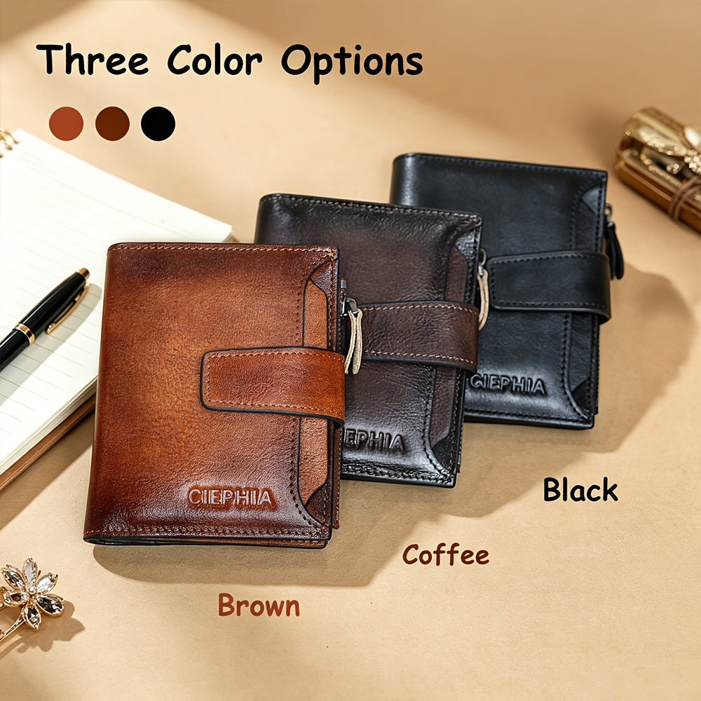 CIEPHIA Men's Vintage RFID Blocking Wallet - Genuine Leather, Zipper Coin Pocket, 14 Card Slots, 2 ID Windows, SD/SIM Slot - Bifold & Trifold - Tan, Black, Coffee & Oil Wax Leather - Gift Set with Greeting Card