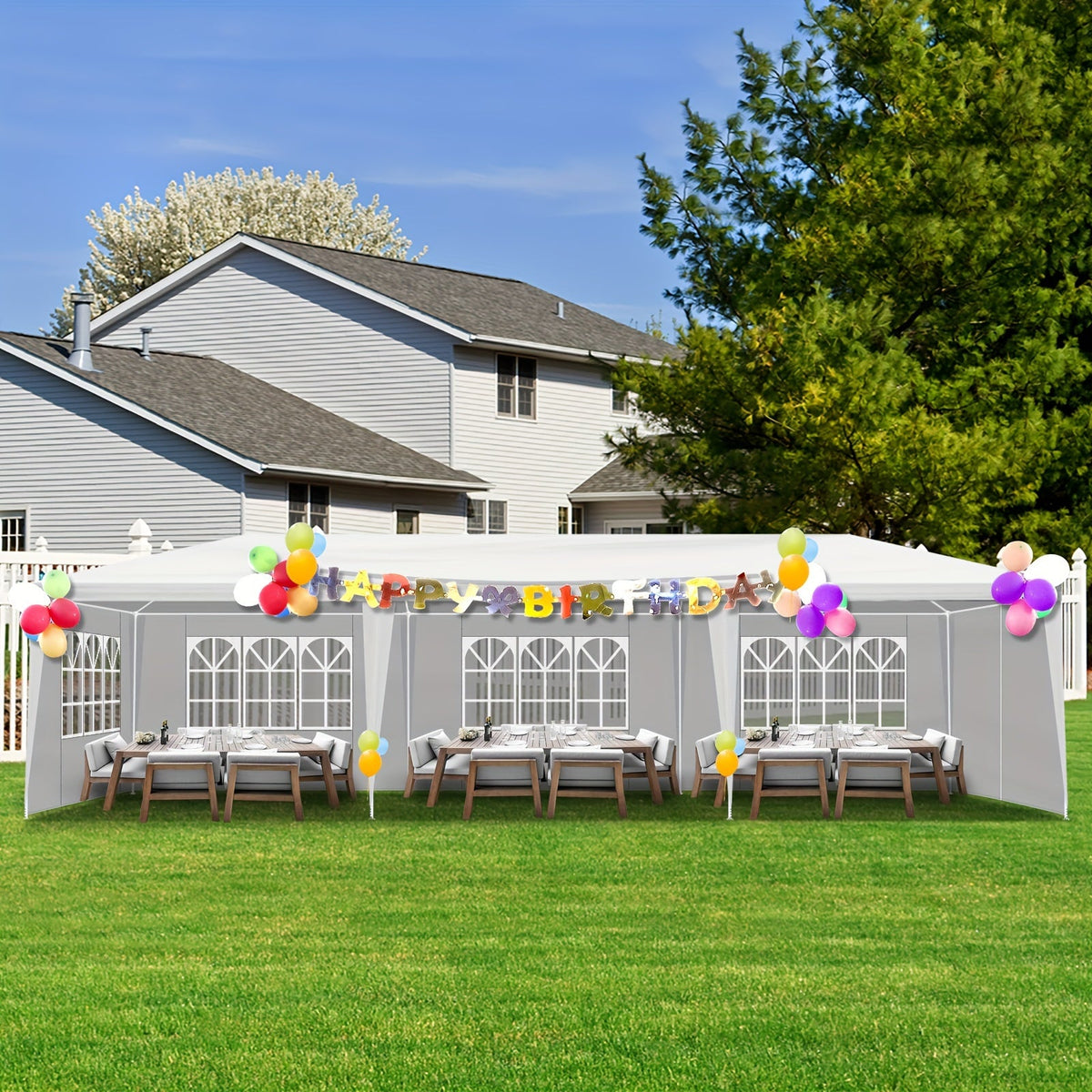 10x30 Ft Outdoor Party Tent Canopy, 8 Removable Sidewalls with Windows, Waterproof PE Cloth & Iron Frame, for Wedding, Party, Patio, Parking & Gazebo, White/Blue/Black, Accessories Included