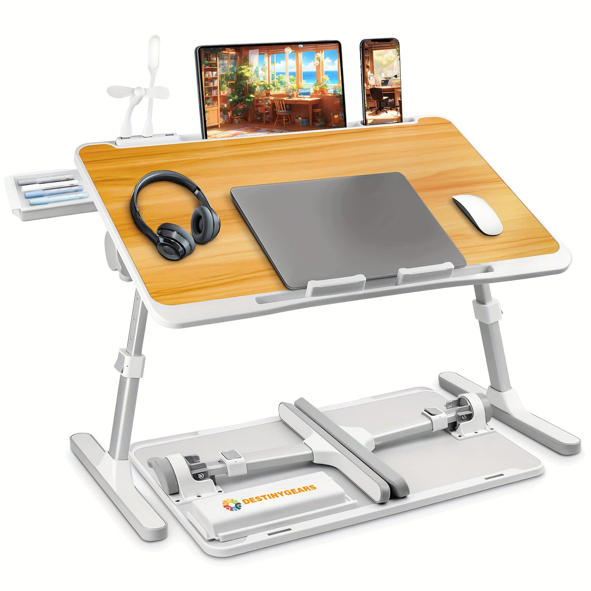 Lap Desk Bed Tray Table with USB Light, Fan & Drawer – Adjustable Portable Laptop Stand for Bed, Couch, Sofa; Laptop Desk for Reading, Writing, Eating – 10 Colors & Sizes