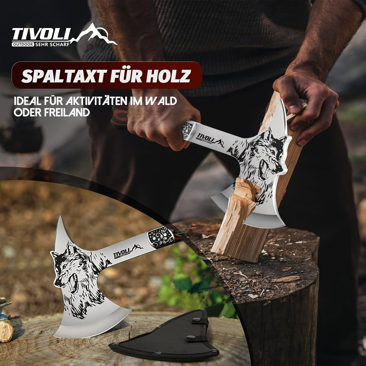 Camping Hatchet Viking Axe - High Carbon Steel, Full Tang, Nylon Sheath & Gift Box for Splitting Wood, Chopping, Hunting, Trekking & Outdoor Adventure
