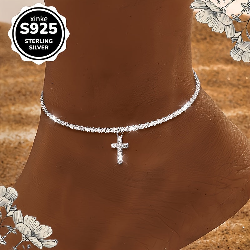 S925 Sterling Silver Cross Anklet for Women – Dazzling Synthetic Diamond Accents, Bohemian Beach & Vacation Jewelry, Casual Outfit Accessory, Perfect Gift for Valentine's Day & Mother's Day