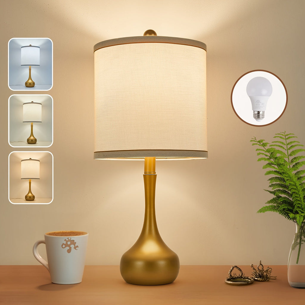 23" Modern Metal Table Lamp – 3 Color Temperatures Linen Shade 9W LED Included Bedside Lamp for Bedroom Living Room Office & Dorm in Golden Black & Dark Black