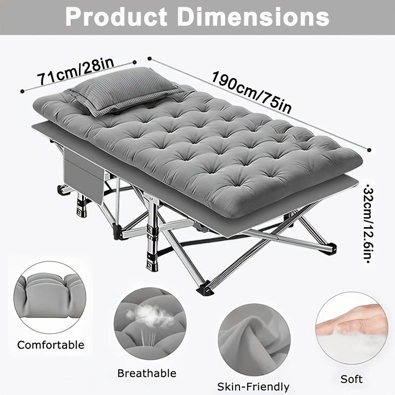 Folding Camping Bed with Mattress & Side Pockets – Heavy Duty Portable Cot for Adults, Foldable Guest Bed for Camping, Outdoor, Courtyard, Terrace, Office, and Guest Room
