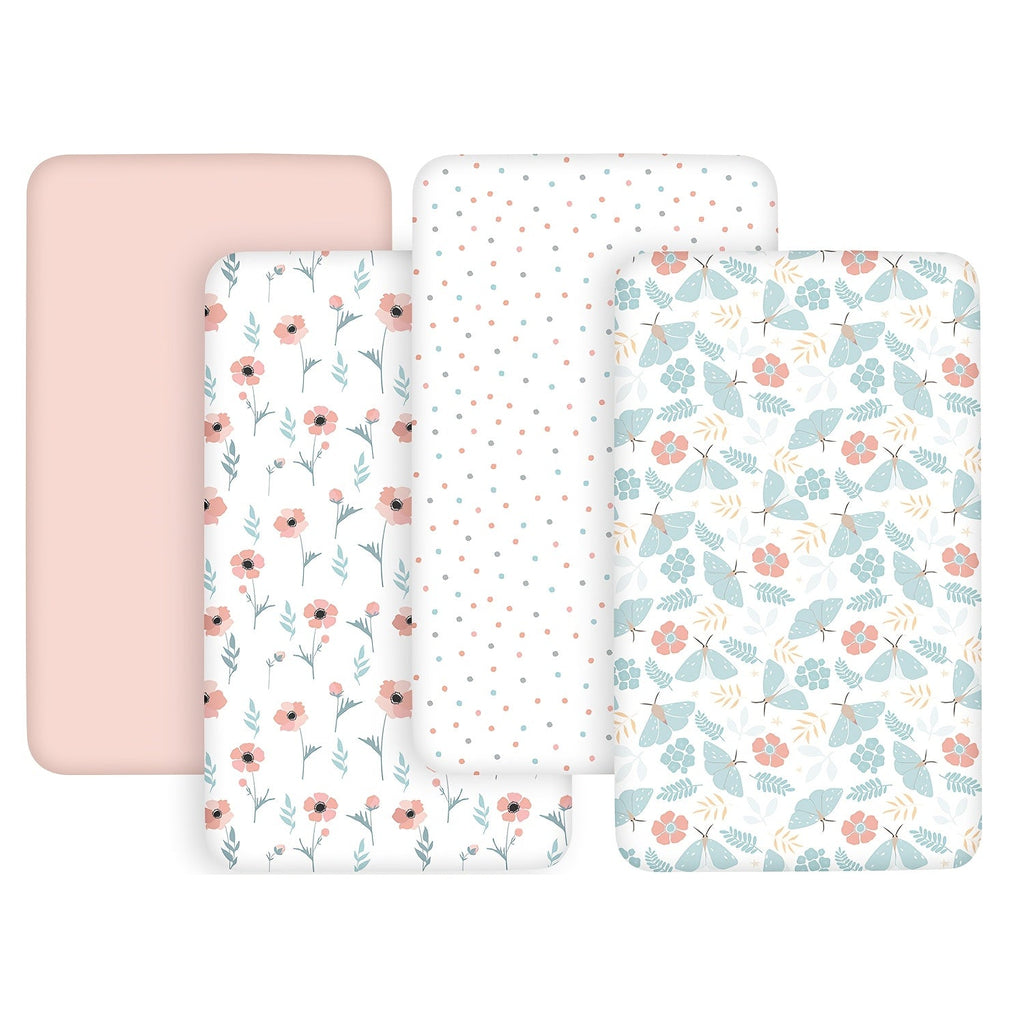 4-Piece Baby Crib & Mini Mattress Fitted Sheet Set, Soft Skin-Friendly Breathable Fabric, 20 × 33 × 4 Inches, Freely Mixable & Machine Washable, Nature Rainbow & Pink Floral Butterfly