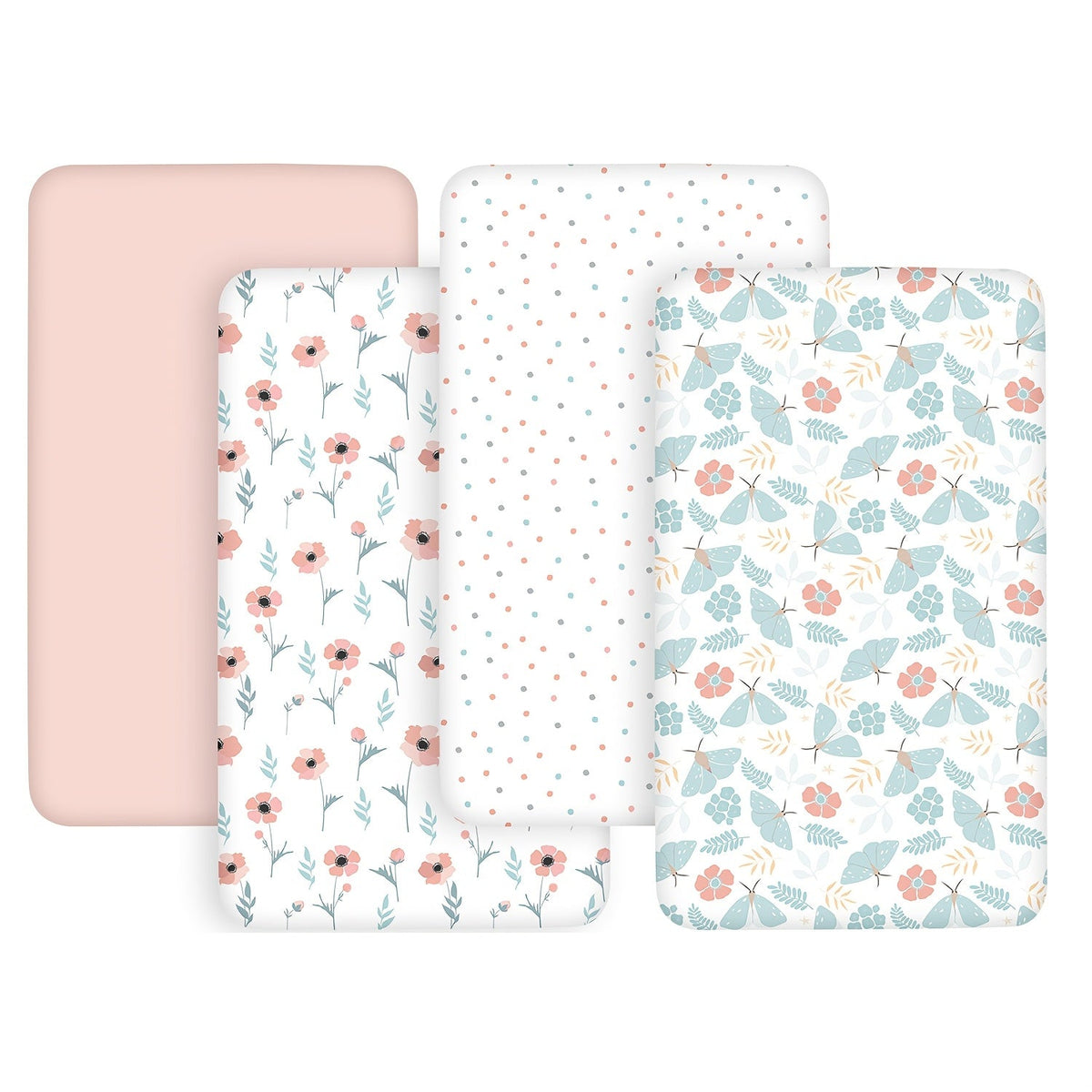 4-Piece Baby Crib & Mini Mattress Fitted Sheet Set, Soft Skin-Friendly Breathable Fabric, 20 × 33 × 4 Inches, Freely Mixable & Machine Washable, Nature Rainbow & Pink Floral Butterfly