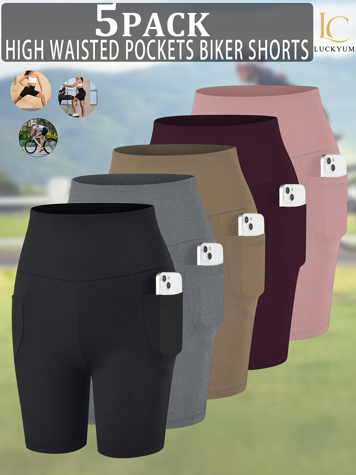 Women's High Waisted Biker Shorts 5-Pack with Pockets | Tummy Control, Non-See-Through | 6" Inseam Workout, Running, Yoga Athletic Shorts | Soft & Stretchy | XS-XXL | Mixed Colors