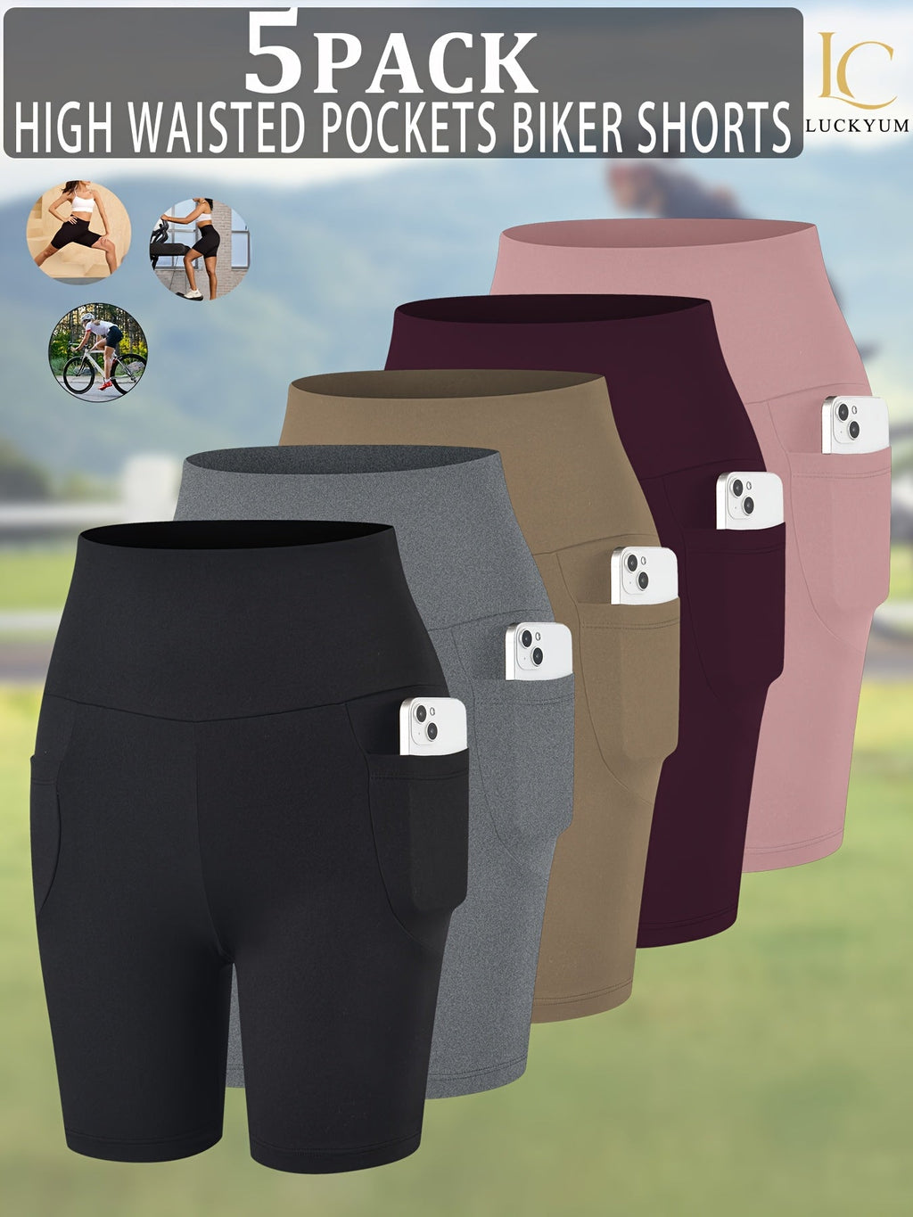 Women's High Waisted Biker Shorts 5-Pack with Pockets | Tummy Control, Non-See-Through | 6" Inseam Workout, Running, Yoga Athletic Shorts | Soft & Stretchy | XS-XXL | Mixed Colors
