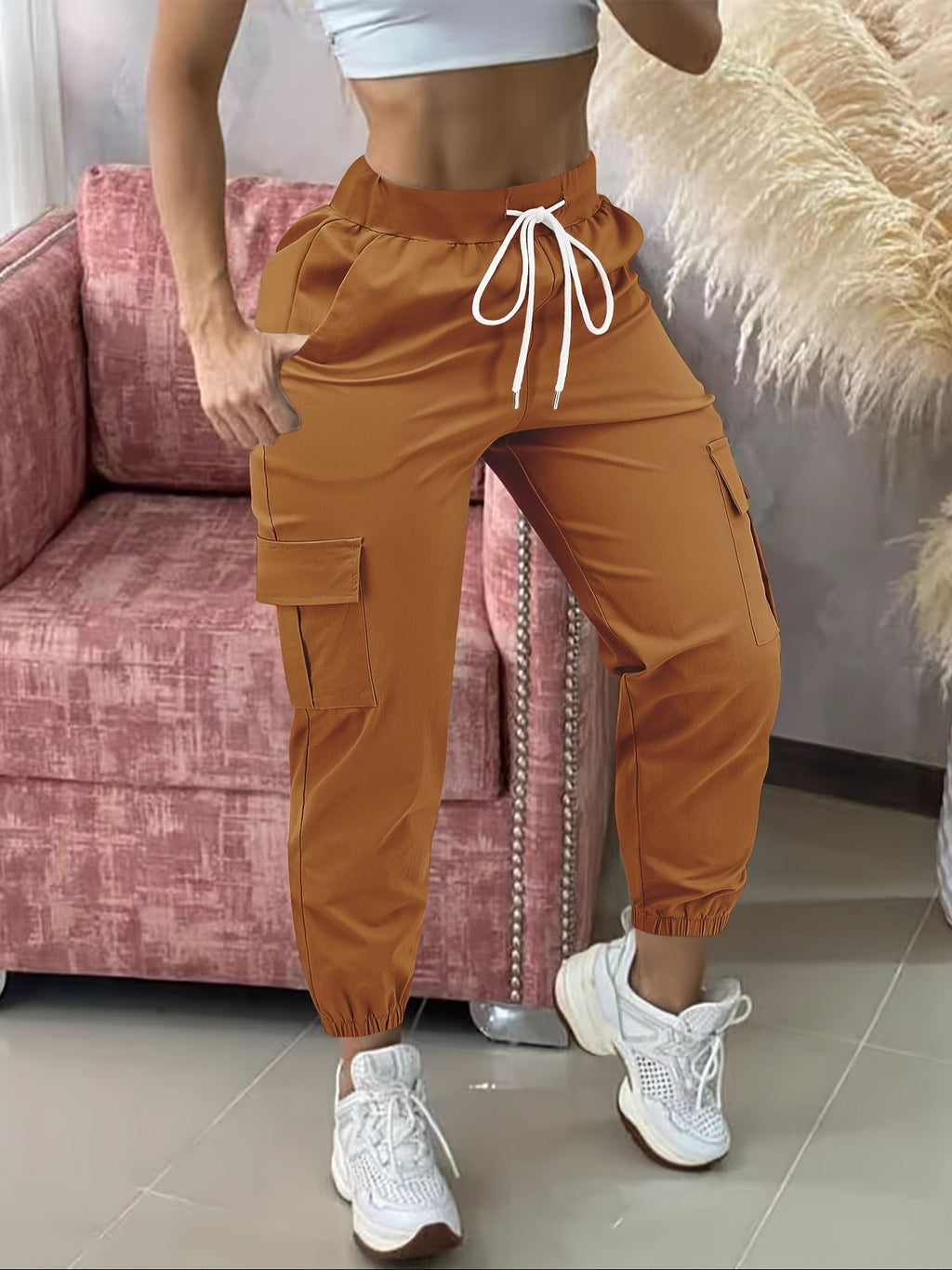 Women's Cargo Pants, Drawstring Waist, Multiple Pockets, Frayed Hem, All-Season Comfort Fit, Casual Wear - Black, Khaki, Olive, Gray, Navy, Dark Gray, S, M, L, XL, XXL, Woven Stretch Fabric