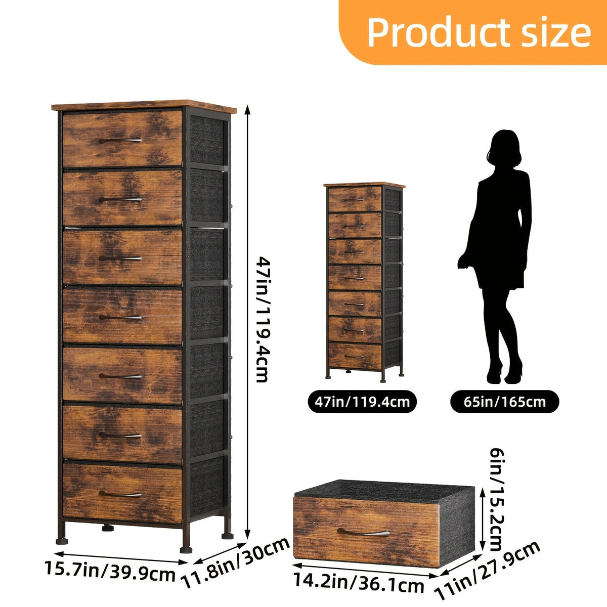 WHONLINE Tall Dresser 6 or 7 Drawer Bedroom Storage Organizer Vertical Chest of Drawers Sturdy Steel Frame Nightstand for Closet & Dorm – Gray Brown Black White