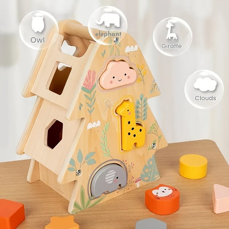 Wooden Big Tree Wisdom House Shape Matching Puzzle Toy, Creativity & Spatial Perception Development, Hand-Eye Coordination & Fine Motor Training for Babies & Toddlers, Holiday Gift