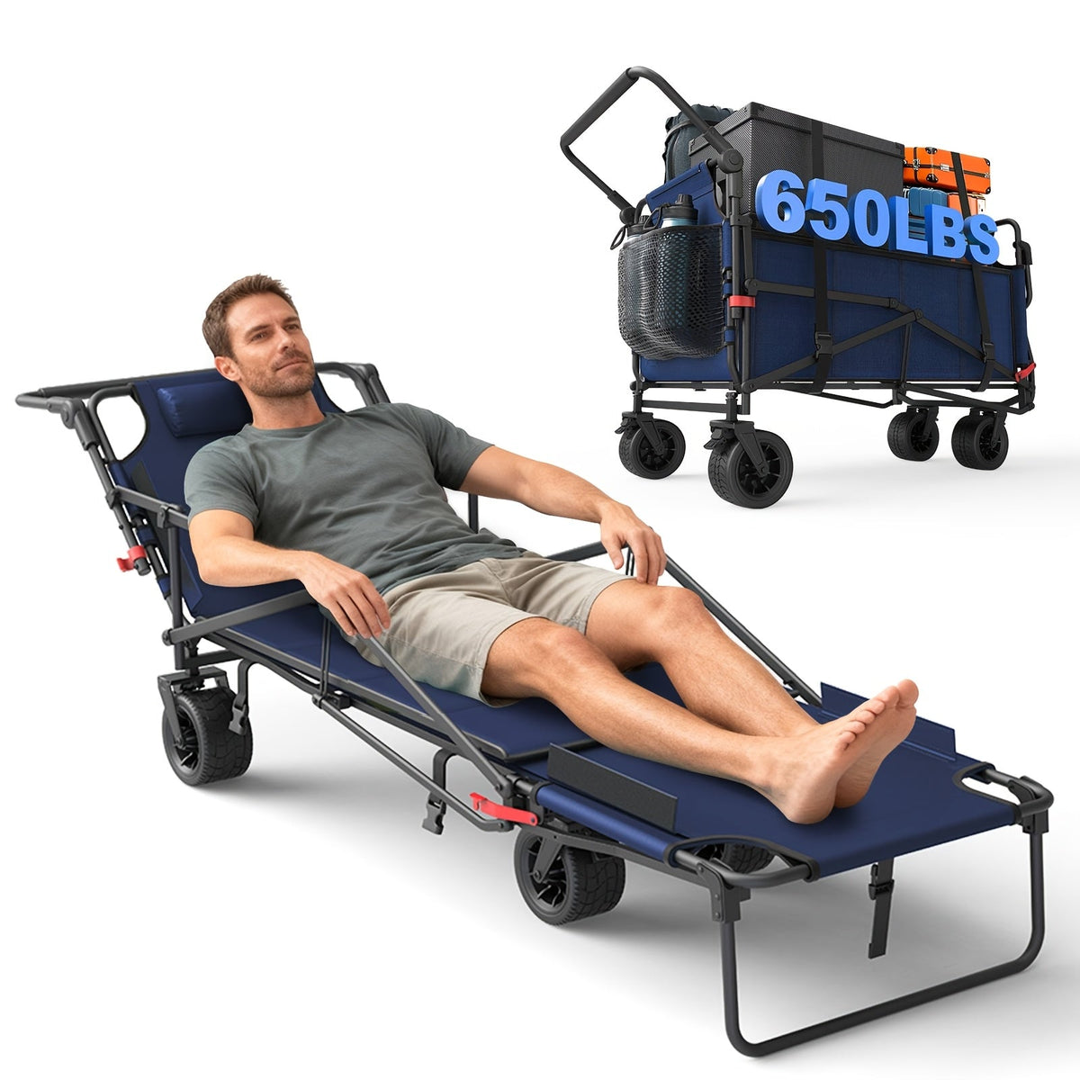 Heavy Duty Folding Wagon 2-in-1 Collapsible Cart and Beach Chair 400 420 650LBS Capacity All-Terrain 360 Swivel Wheels with Brakes Side Pockets for Camping Beach Groceries