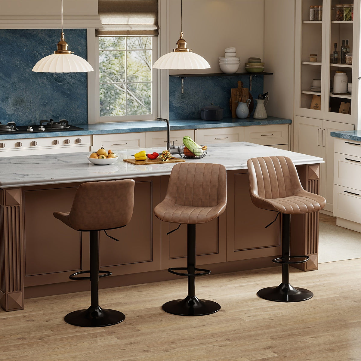 Bar Stools Set of 2/3/4, Adjustable Height Swivel Bar Chairs with Backrest & Footrest, PU Leather Ergonomic Kitchen Island Stools, Non-Slip Base, Easy Assembly, Modern Armless Counter Stools