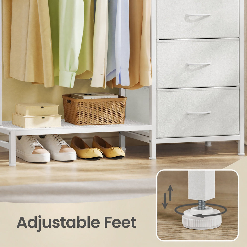 Freestanding Wardrobe Dresser with Hanging Rod, 5 Fabric Drawers & Shoe Shelf – 3-in-1 Closet Organizer, Reversible Layout, Steel Frame, Anti-Tip Kit, 37.9” x 11.8” x 46.3”, White – Nova Mart