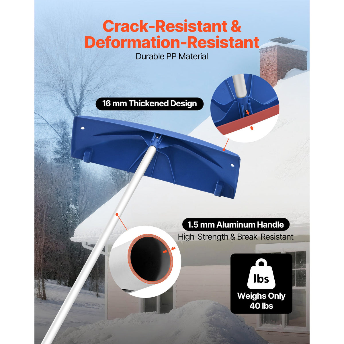 Roof Snow Rake, 24" Wide PP Blade, 3.8-18.2ft Adjustable Aluminum Handle, Rolling Wheels, Anti-Slip Grip, No-Ladder Snow Removal Tool for House Roof, Garage, Car, Leaves & Debris