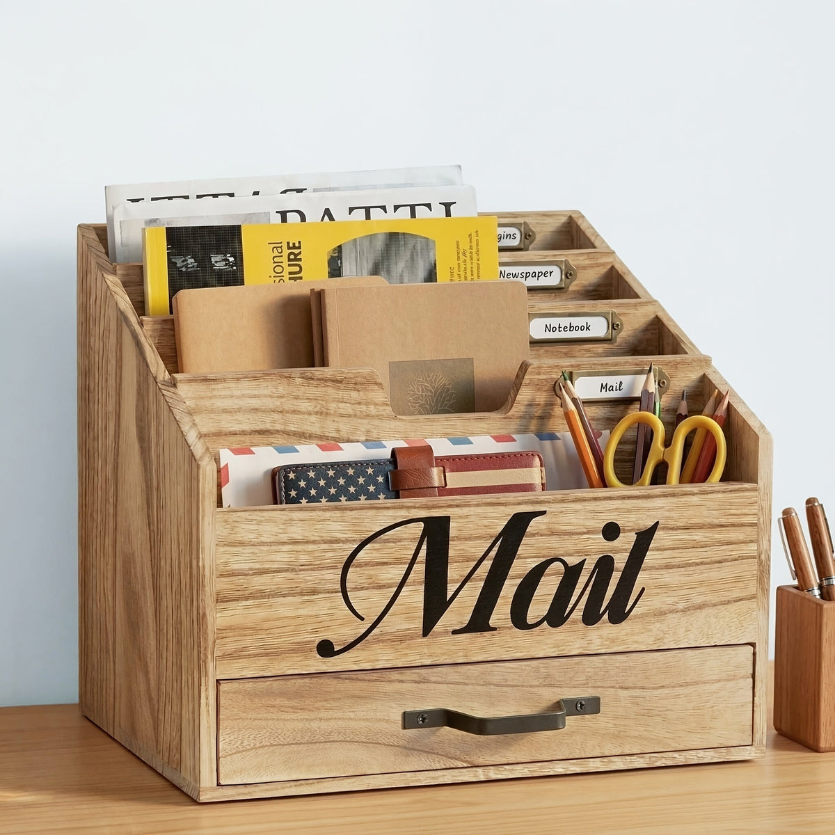 Large Solid Wood Desktop Mail Organizer with Drawer and 4 Compartments, Labelable Dividers for Files, Letters, and Paper Folders, Desk Organizer for Home Office, Students, and Professionals
