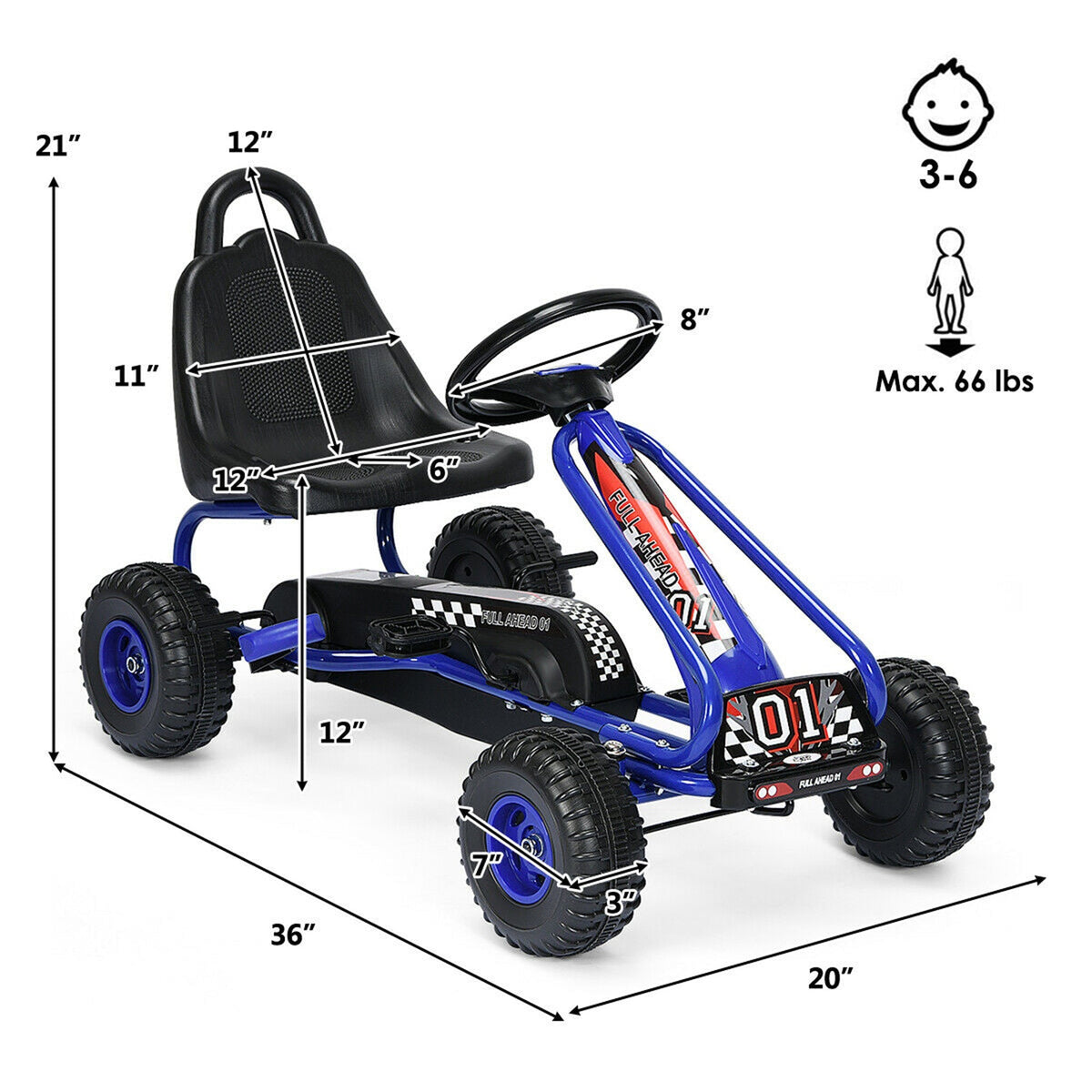 Pedal Go Kart for Kids Ages 3-6, 4-Wheel Pedal Powered Ride On Car with Adjustable Seat, Handbrake, Non-Slip Wheels, Outdoor Racing Go Kart for Boys and Girls - Blue, Green, Red, Pink
