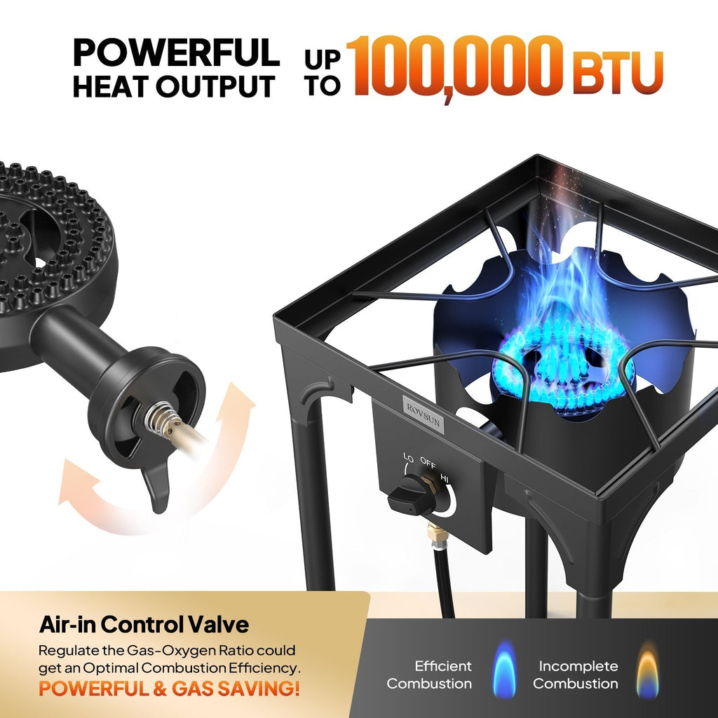 高压丙烷燃烧炉 100,000-225,000 BTU - 重型铸铁户外露营炉具，配可拆卸支腿、CSA 认证减压阀，有单头或三头款式可选，适用于露营、车尾派对及酿造。
