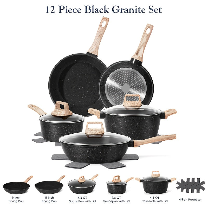 12-Piece Non-Stick Granite Cookware Set – Frying Pans Casserole Saucepan with Lids & Pan Protectors Heavy-Duty for All Stovetops Including Induction