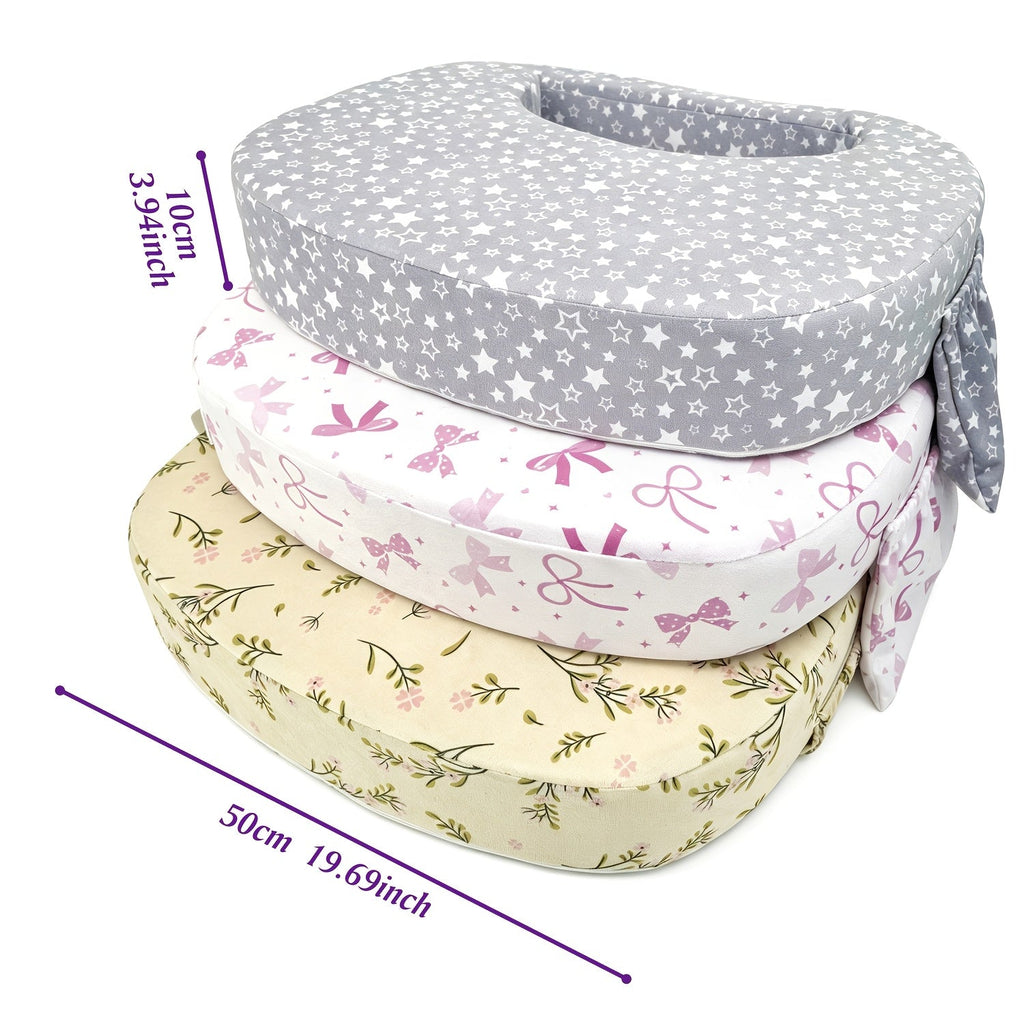 High-Support Nursing Pillow for Breastfeeding & Bottle Feeding, Ergonomic Lap Pillow with Spacious Comfort Surface for Newborns & Infants, 3 Styles Including Grey Stars Pink Bow & Beige Flowers