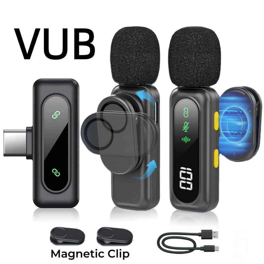 Wireless Lavalier Microphone USB-C 2.4G with DSP Noise Reduction, Digital Battery Display, 360° Omnidirectional Clip-On Lapel Mic, 100ft Range, Furry Windshield, Rotatable Magnetic Clip for iPhone, Android, Camera & Content Creators