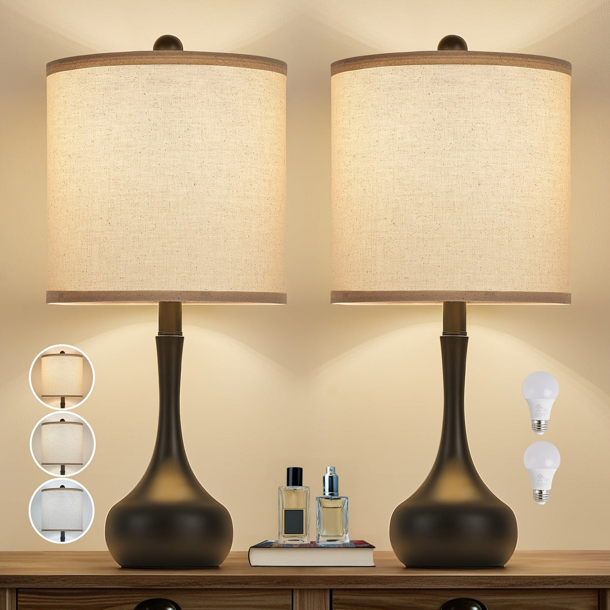 23" Modern Metal Table Lamp – 3 Color Temperatures Linen Shade 9W LED Included Bedside Lamp for Bedroom Living Room Office & Dorm in Golden Black & Dark Black