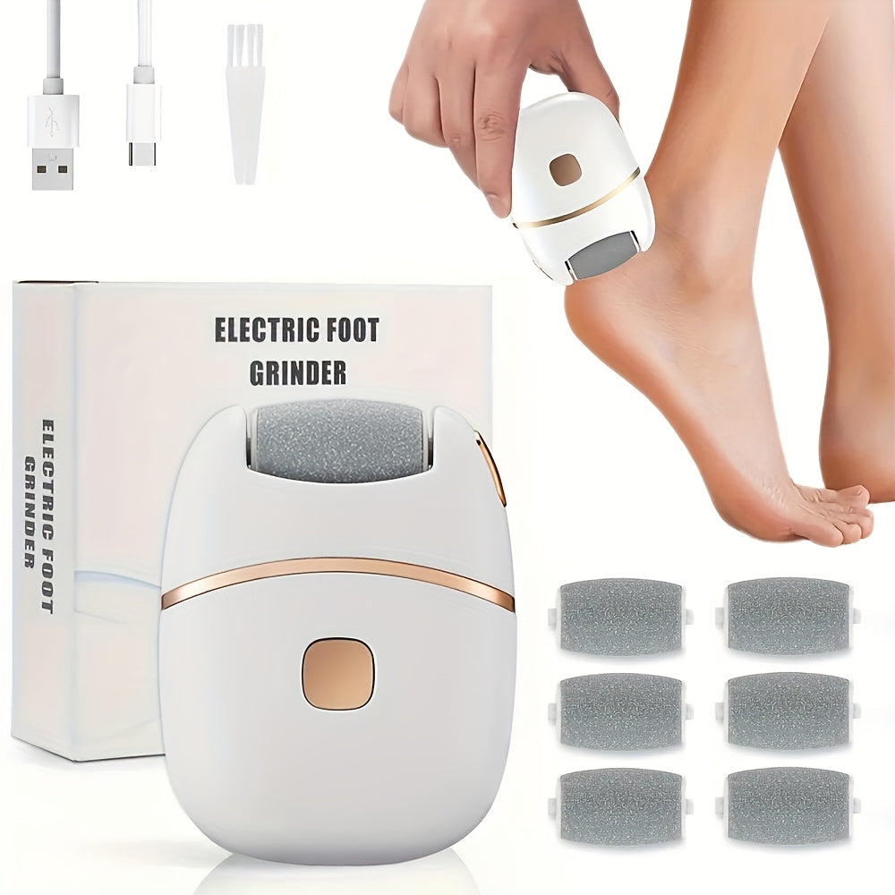 Rechargeable Electric Foot Scrubber - 6 Interchangeable Heads - Dead Skin Removal & Polishing - USB Powered - Ergonomic Handle - White & Gold Two-Tone Design