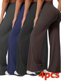 4-Piece Women's Yoga Outfit Set – High Waist Wide Leg Flare Pants, 90% Polyester Stretch Knit Fabric, Pilates & Fitness Activewear for Spring, Summer, and Fall, Sizes S–XXL