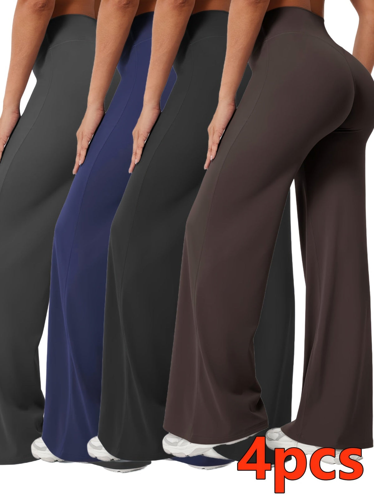 4-Piece Women's Yoga Outfit Set – High Waist Wide Leg Flare Pants, 90% Polyester Stretch Knit Fabric, Pilates & Fitness Activewear for Spring, Summer, and Fall, Sizes S–XXL