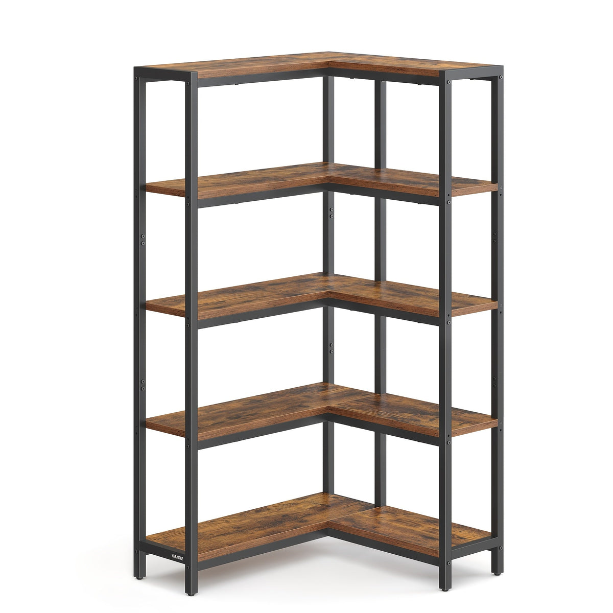 Industrial Corner Shelf 5-Tier, Convertible L-Shape or Straight Bookshelf, Metal Frame Rustic Wood Finish, Space-Saving Corner Bookcase for Living Room Bedroom Home Office Study, Multi-Level Organizer