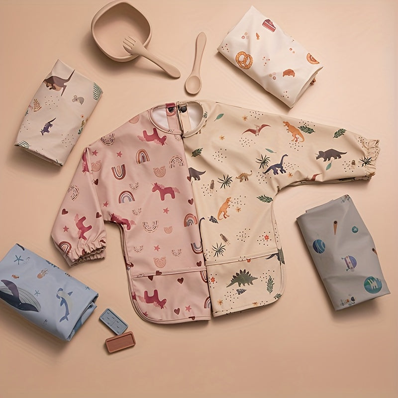 Baby Long-Sleeve Feeding Bib Smock for Boys & Girls, Waterproof Art Smock with Cute Prints for Infants & Toddlers Ages 6-36 Months, Reusable Mealtime & Painting Coverall