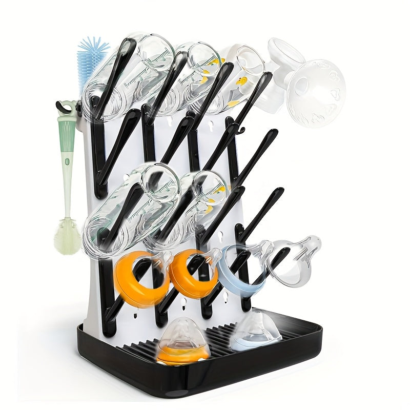 Vertical Baby Bottle Drying Rack with 18 Hooks, Space-Saving Countertop Standing Dryer for Bottles Brushes Pacifiers & Pump Parts, 2 Colors Including Advanced Gray & Mysterious Black