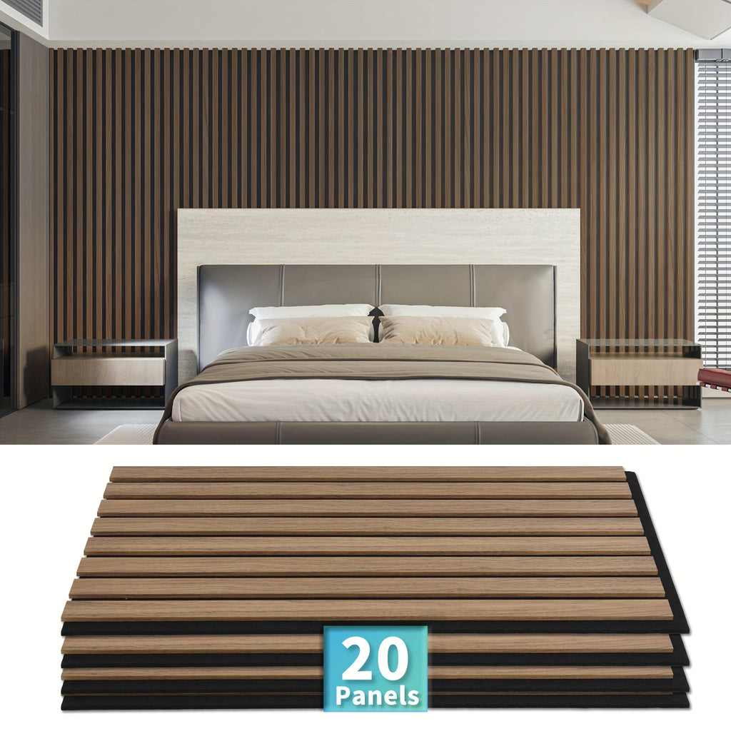 3D Wood-Look Wall & Ceiling Tiles 20-Panel Set (40 Sq Ft), MDF Grille Noise-Insulating Panels 24"x12", Textured Wood Grain Finish, Easy Install, Available in Deep Walnut / Walnut / Oak / Gray Oak