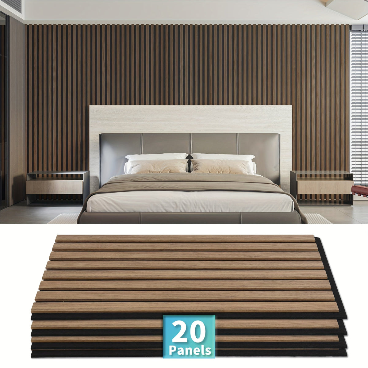 3D Wood-Look Wall & Ceiling Tiles 20-Panel Set (40 Sq Ft), MDF Grille Noise-Insulating Panels 24"x12", Textured Wood Grain Finish, Easy Install, Available in Deep Walnut / Walnut / Oak / Gray Oak