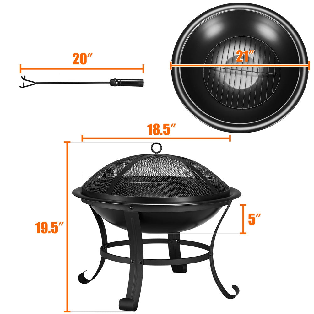Outdoor Round Steel Fire Pit with Mesh Screen Cover, Fire Poker & Log Grate, Heat-Resistant, Portable, for Patio Yard Porch Camping Bonfire BBQ, Black