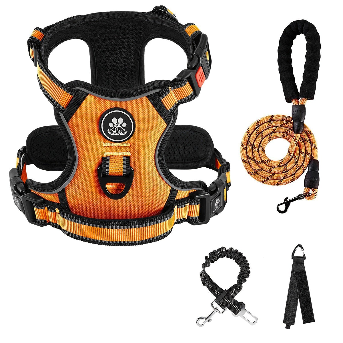 No-Pull Dog Harness Set with Retractable Leash, Seatbelt, and Collar – Fully Reflective, Adjustable, Breathable Vest Harness with Handle for Small & Large Dogs (XS–XL)