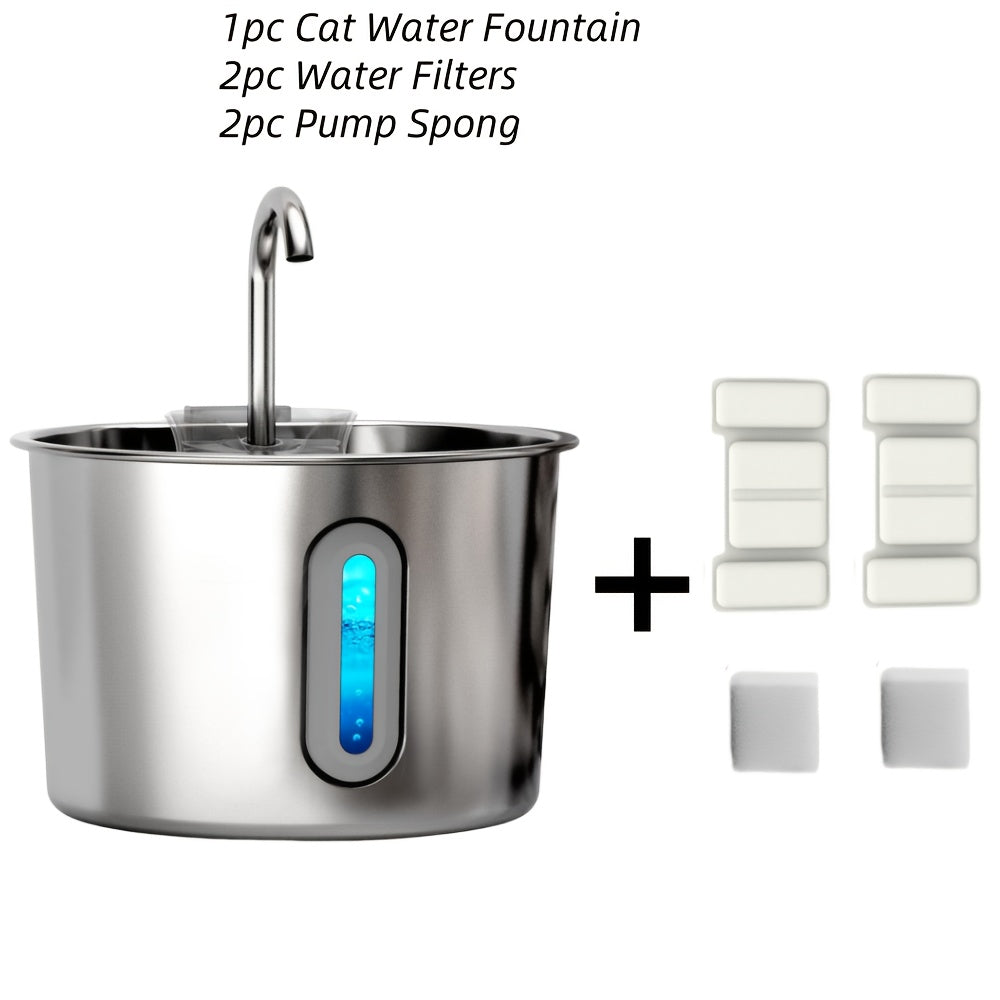 74oz Stainless Steel Cat Water Fountain - Ultra-Quiet USB Pump, Faucet Flow, 3-Stage Filter & Visual Water Level Window, Automatic Pet Water Fountain for Cats and Small Dogs Indoor