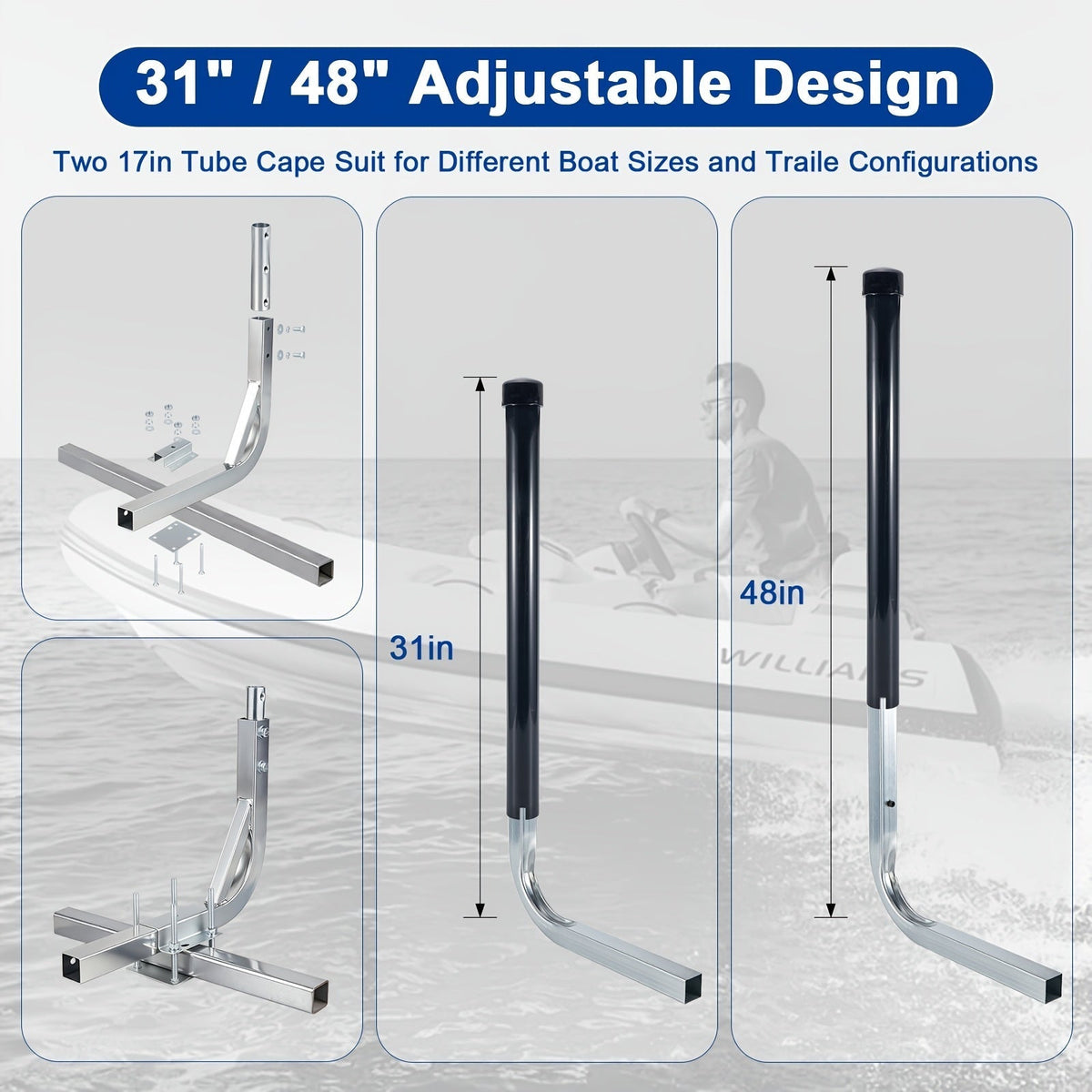 Adjustable Boat Trailer Guide Poles 31"-60" L-Shaped Galvanized Stainless Steel with Black PVC Pipes - Trailer Guide-Ons for Ski Boat, Fishing Boat & Sailboat Trailer