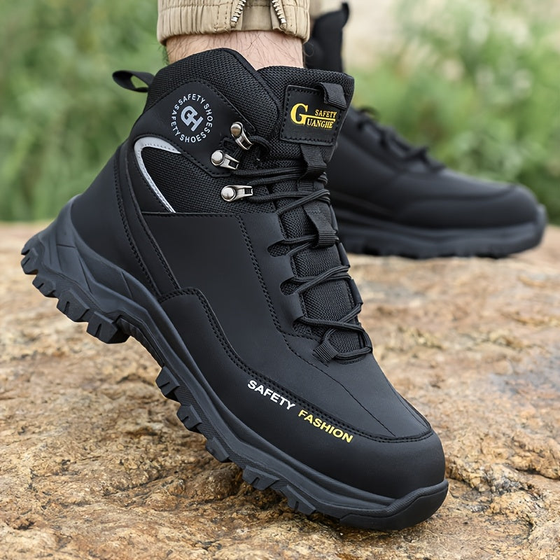 Men's Steel Toe Work Boots, Heavy Duty, All-Terrain Rubber Sole, Cushioned Insole, Arch Support, Four-Season Construction, Industrial, Farm, and Outdoor Boots, Black/Army Green, US Sizes 6-11