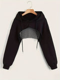 Y2K Women's Long Sleeve Crop Hooded Sweatshirt, Casual Streetwear Pullover with Drawstring Hood, Black, XS S M L XL XXL