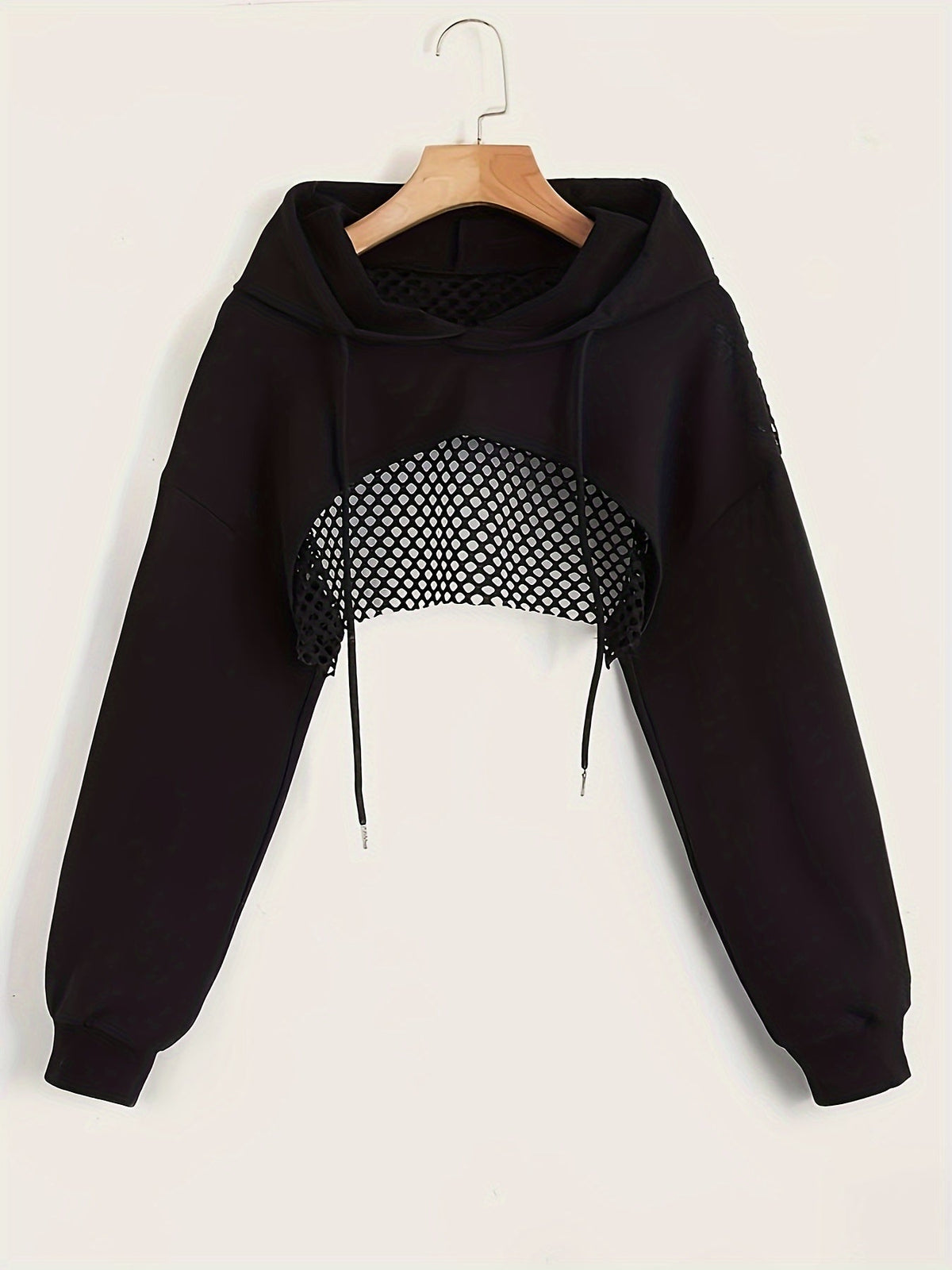 Y2K Women's Long Sleeve Crop Hooded Sweatshirt, Casual Streetwear Pullover with Drawstring Hood, Black, XS S M L XL XXL
