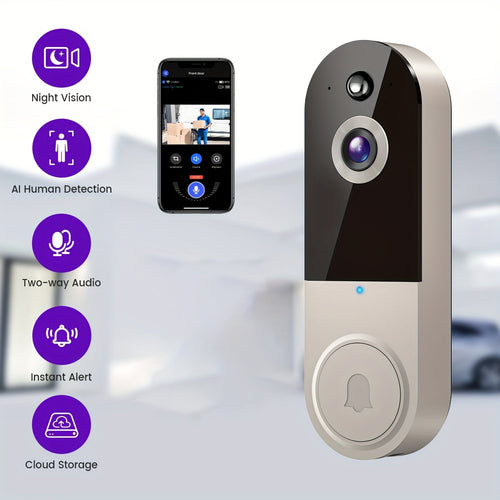 1080P Video Doorbell Camera - Intelligent Body Detection, Cloud Storage, Real-Time View, Two-Way Audio, Infrared Night Vision, Battery Powered - Black & Linen