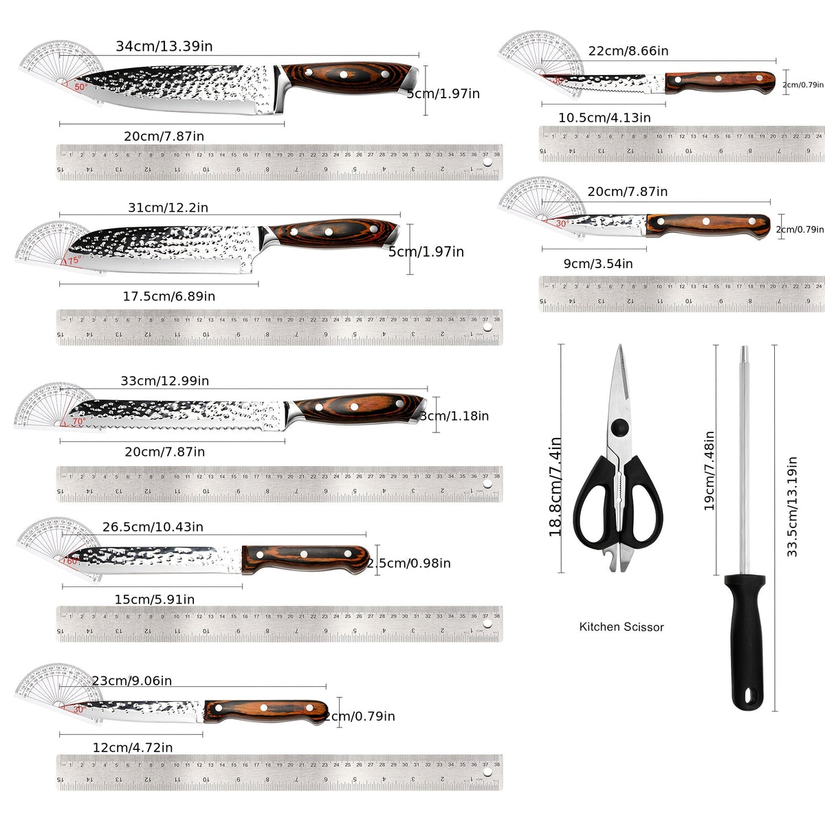 15-Piece Kitchen Knife Set with Wooden Block - Self-Sharpening, Medium Carbon Stainless Steel, Hammered Finish & Steak Knives - Chef Knife Set - Silver, Black, Wooden, Jet-Black & Deep-Black