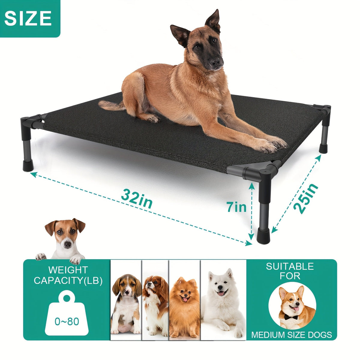 Cooling Elevated Dog Bed & Outdoor Dog Cot - Raised Pet Bed with Washable Breathable Mesh, No-Tool Assembly, Anti-Slip Feet for Large, Medium & Small Dogs, Indoor & Outdoor Use