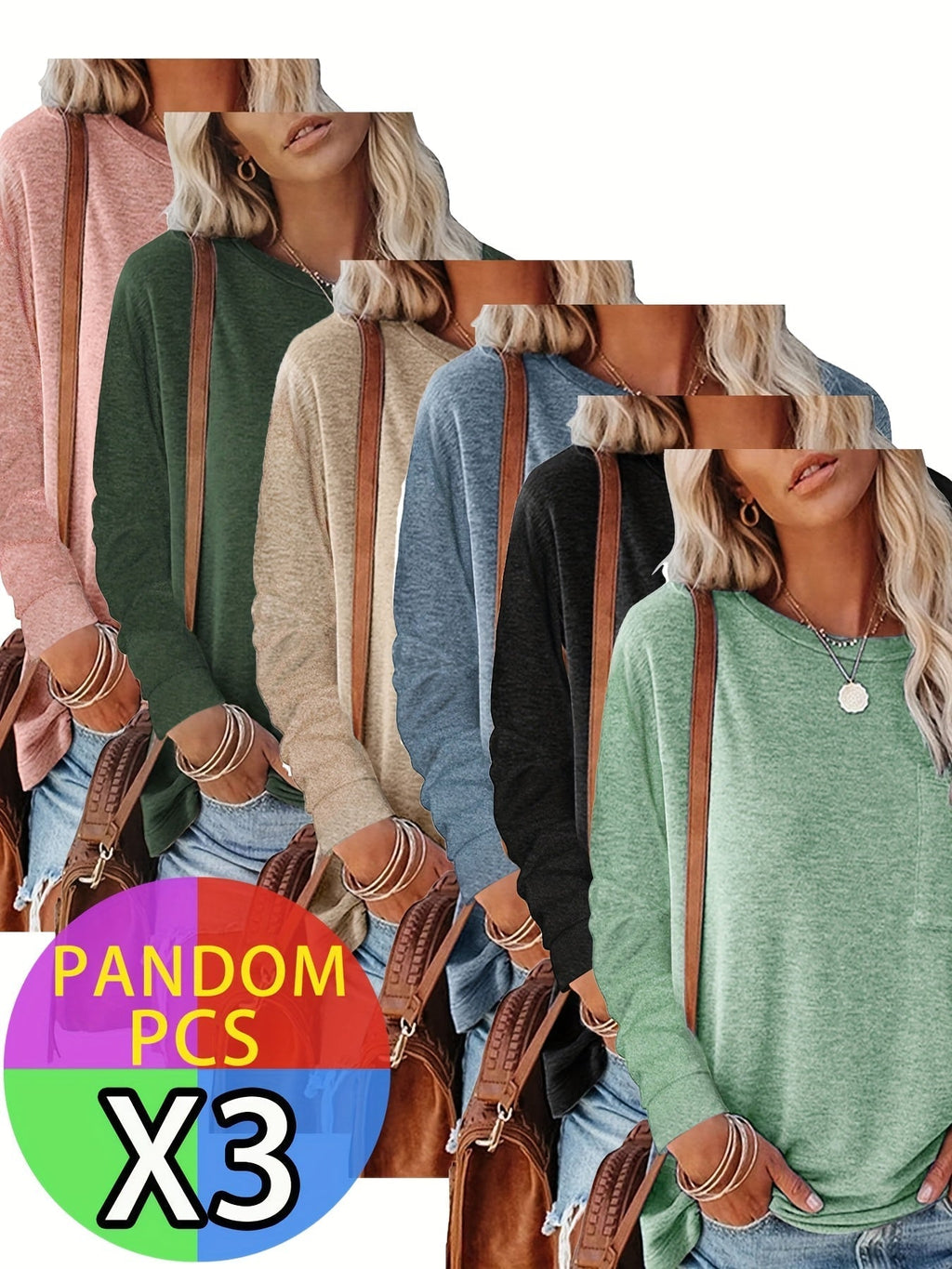 Women's Long Sleeve T-Shirt 3-Pack Set – Soft Casual Basic Layering Tops with Chest Pocket & Split Hem – Warm Comfortable Tees for Women S M L XL XXL Fall Winter