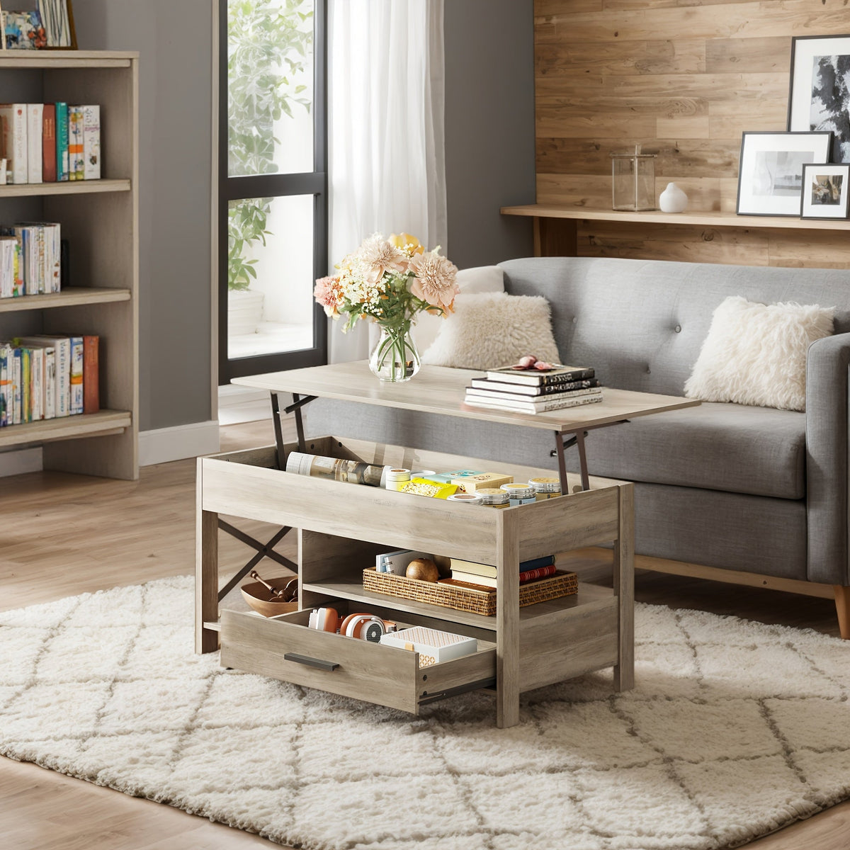 Lift Top Coffee Table with Storage Drawers & Hidden Compartment, Modern Wood HDF Space-Saving Adjustable Lift Top Table for Living Room Reception Room, Rustic Brown Greige Espresso