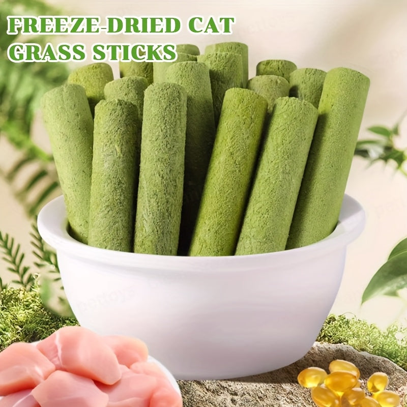 Cat Grass Freeze-Dried Grinding Sticks – Edible Chew Toy for Cat Teeth Cleaning & Hairball Removal, Natural Cat Grass Snack Treats 15 or 30 Pcs