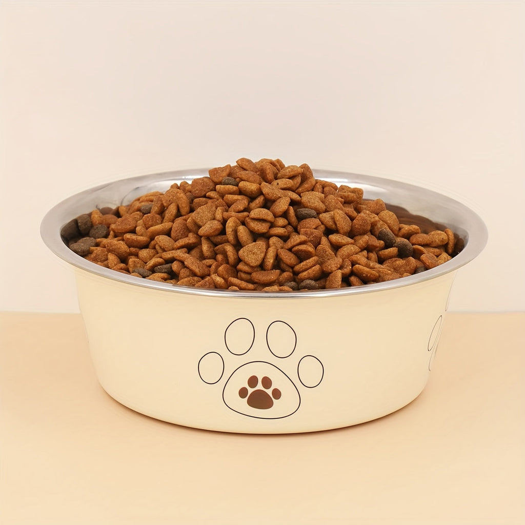 Stainless Steel Dog Bowl with Cute Footprint Pattern, Durable Non-Slip Pet Food and Water Bowl for Dogs, Indoor and Outdoor Use, Sizes S M L XL, Colors Beige Pink Blue