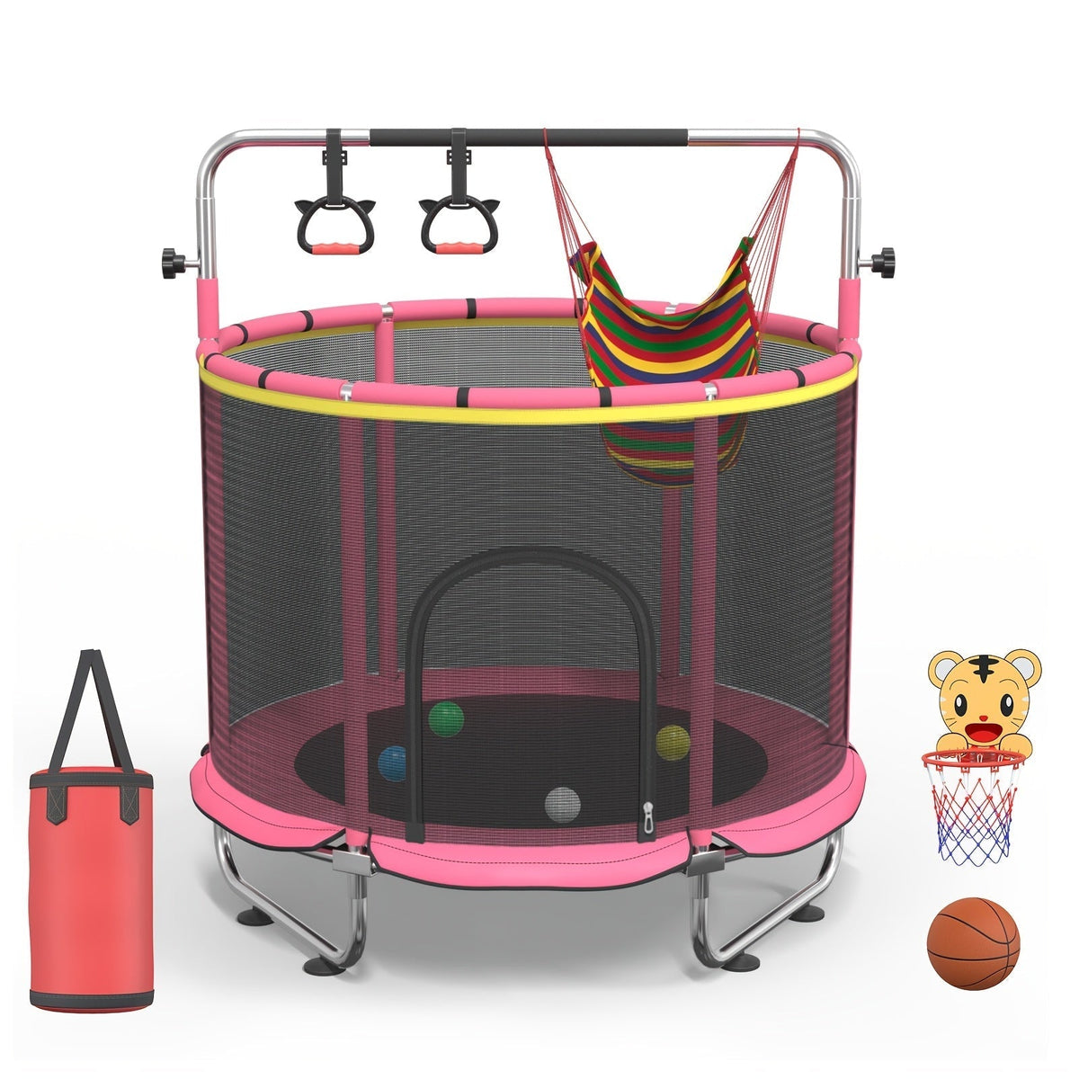 Kids & Adults Trampoline with Safety Enclosure Net, Multi-Functional Leisure Sports Trampoline, Indoor/Outdoor Backyard Jumping Mat, 6 Color Options, Fun Exercise Equipment for Family