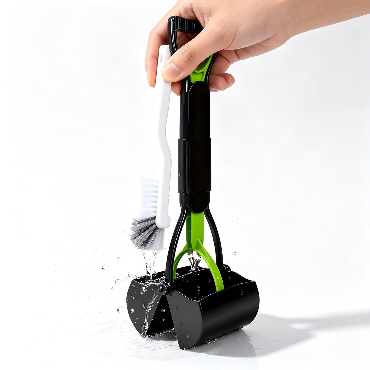 Portable Foldable Dog Poop Scooper with Cleaning Brush - Strong Serrated Clamp Waste Grabber for Yards, Lawns & Gravel, No-Dead-Angle Pet Waste Pickup Tool, High-Strength Durable Design